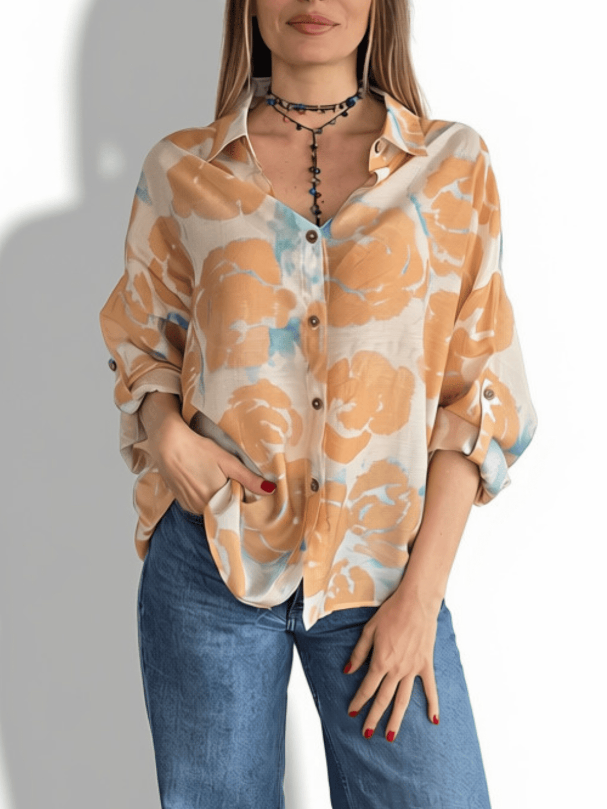 Blusa Estampada Flores, Tonos Camel