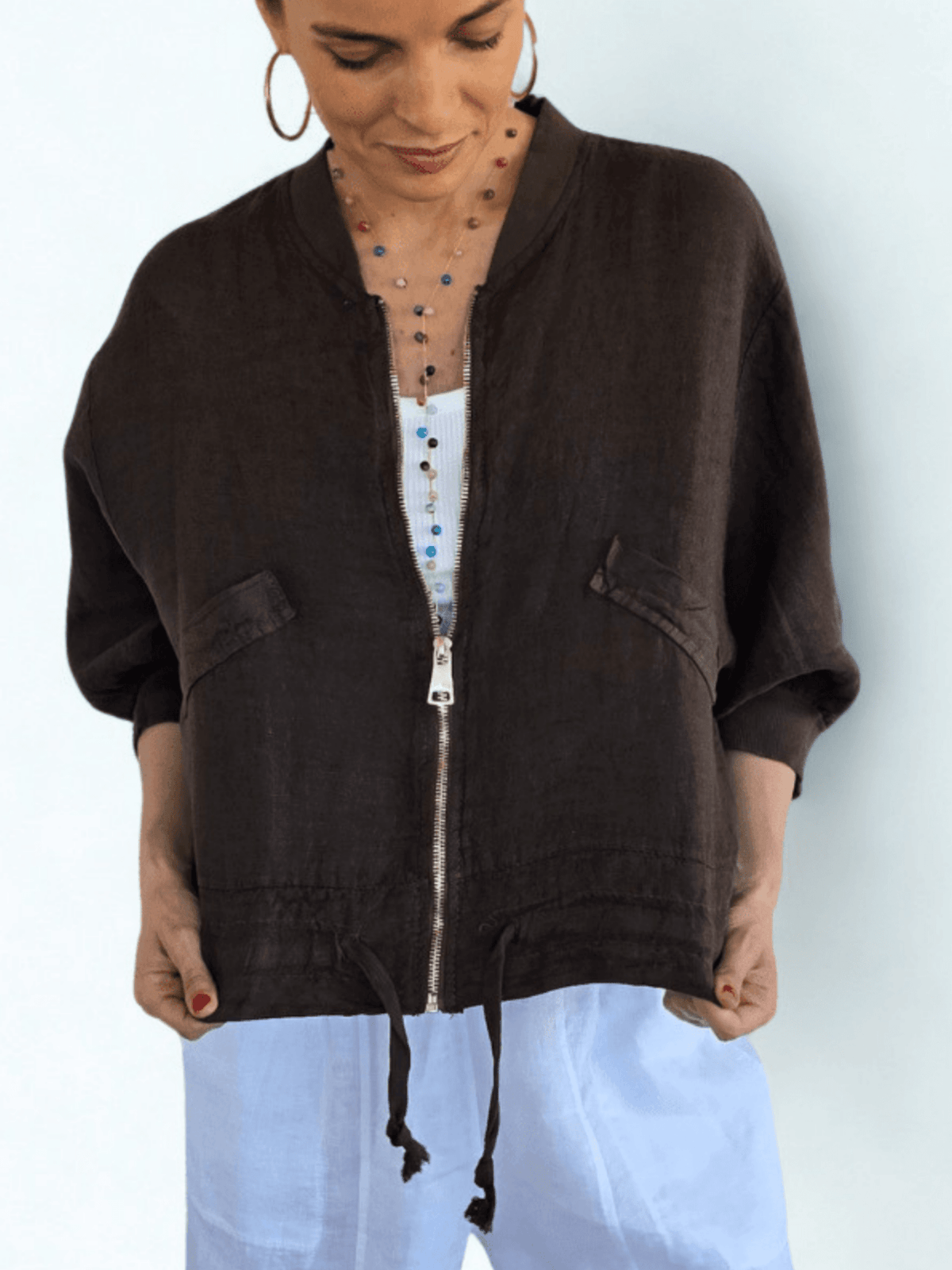 Chaqueta Bomber Italiana 100% Lino, color Chocolate