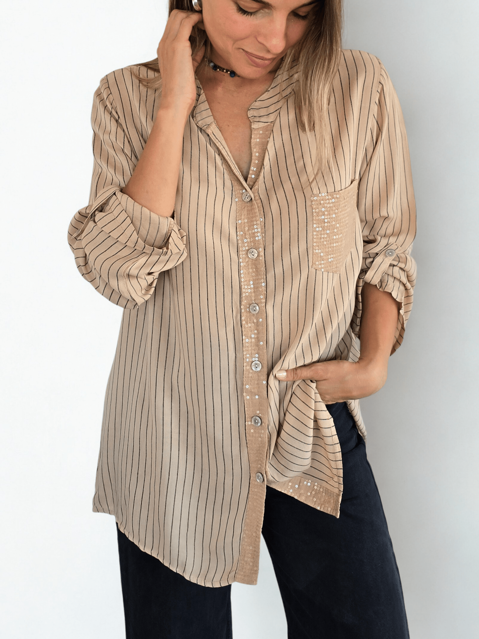 Blusa Italiana Rayada, fondo Camel
