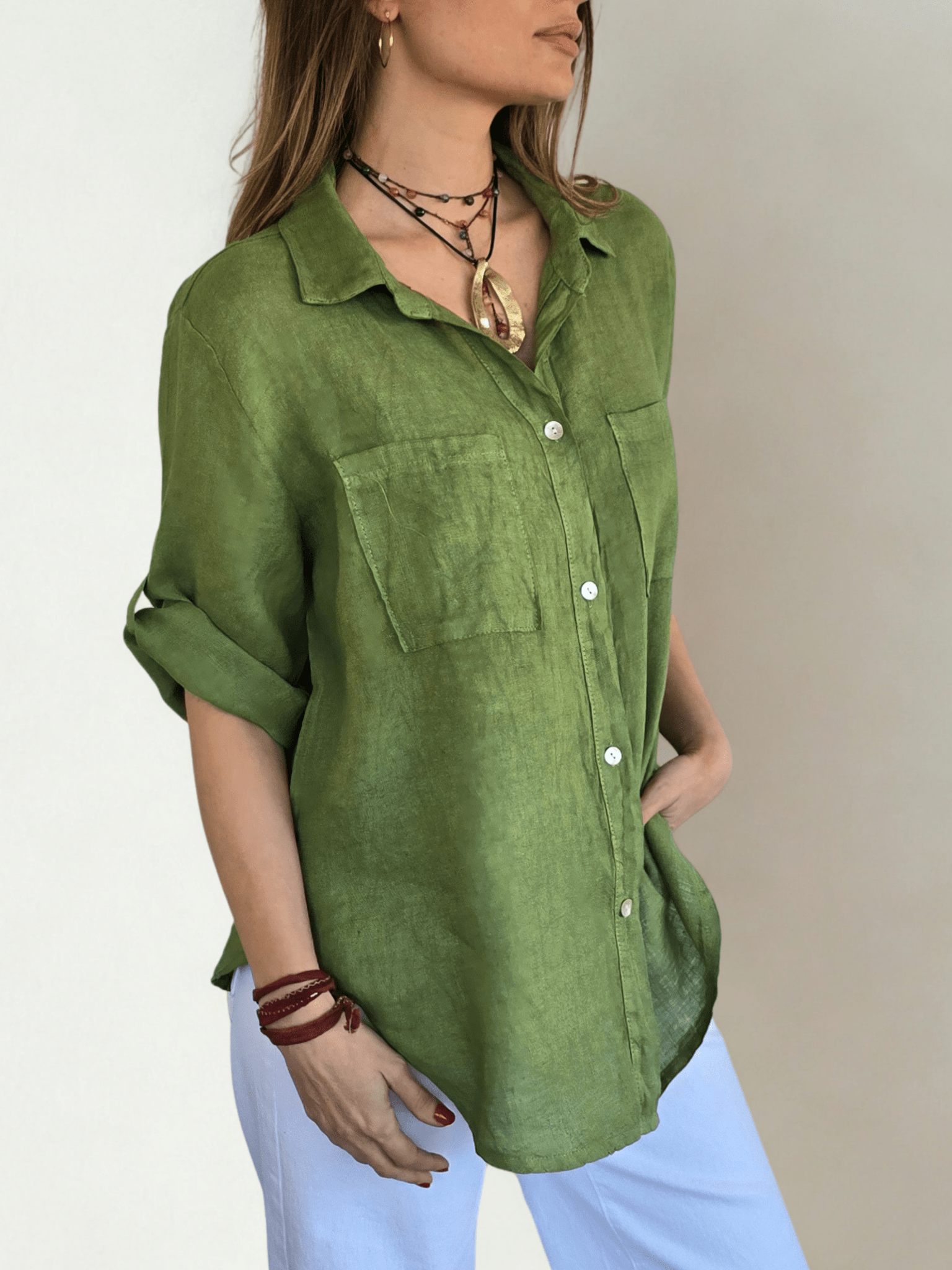 Blusa Italiana 100% Lino dos Bolsillos, color Pistacho