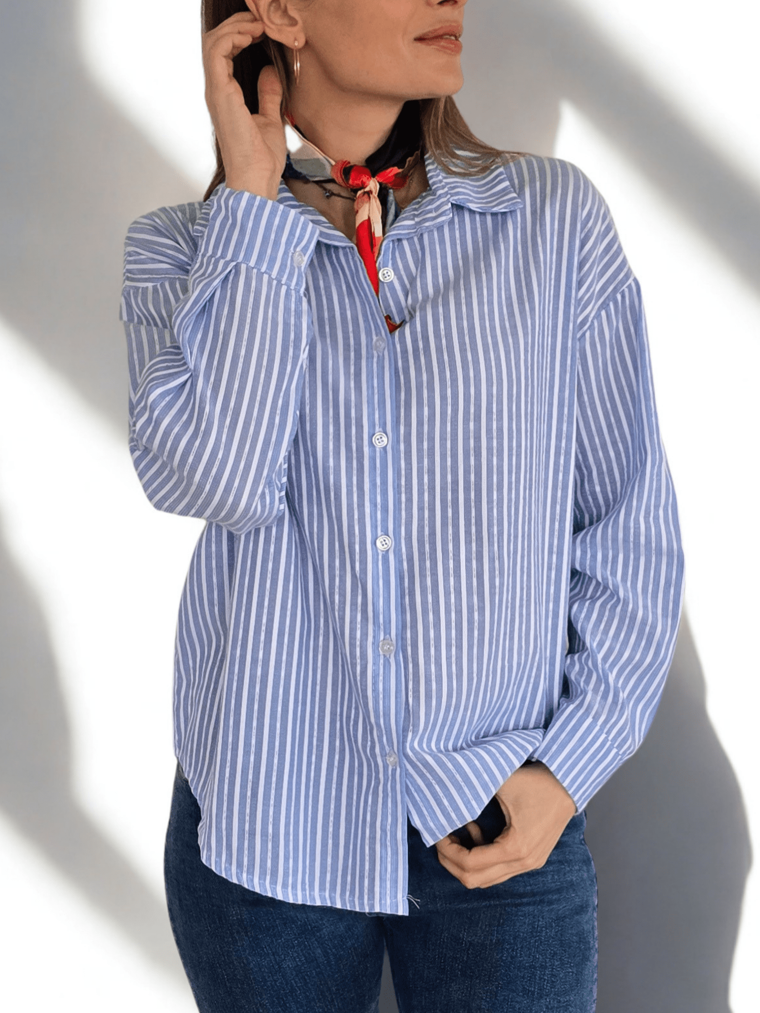 Blusa Italiana Rayada, color Celeste con Blanco