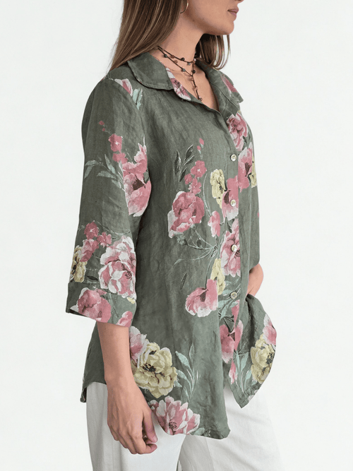 Blusa Italiana 100% Lino Estampada, fondo Verde