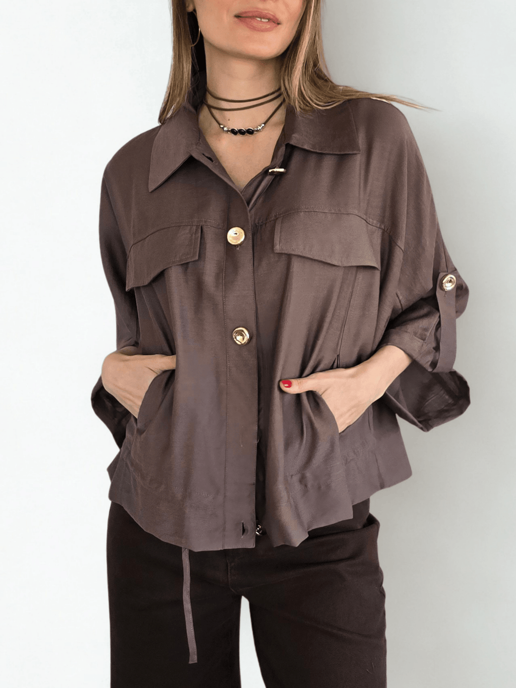 Chaqueta Botones Dorados, color Chocolate