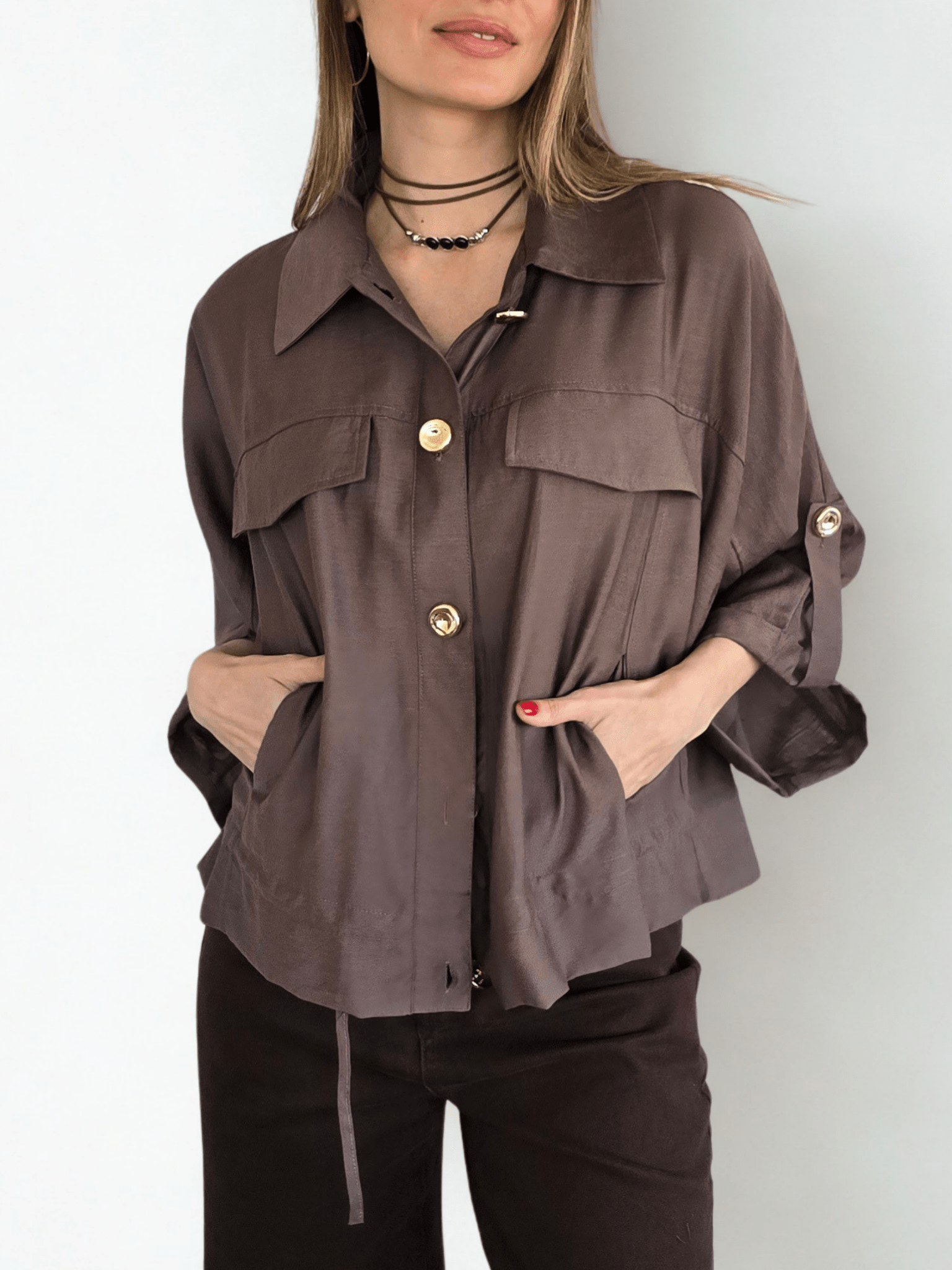 Chaqueta Botones Dorados, color Chocolate
