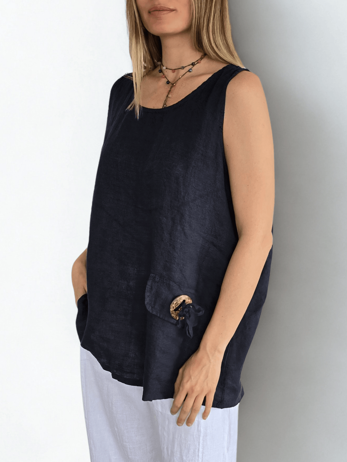 Blusa 100% Lino Italiano Botón, color Azul Marino