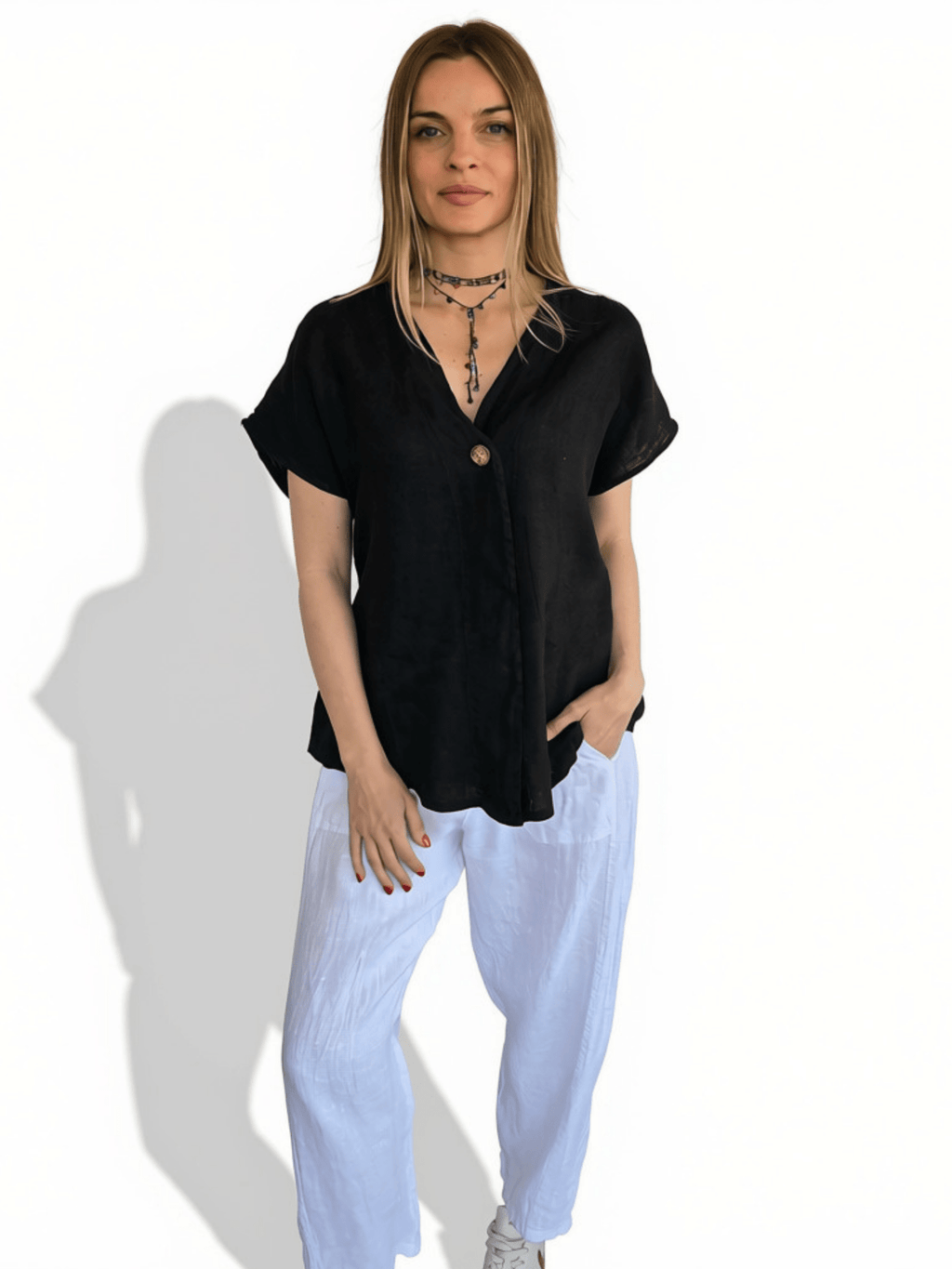 Blusa Italiana 100% Lino un botón, color Negro