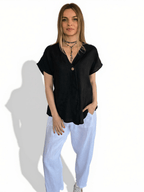 Blusa Italiana 100% Lino un botón, color Negro