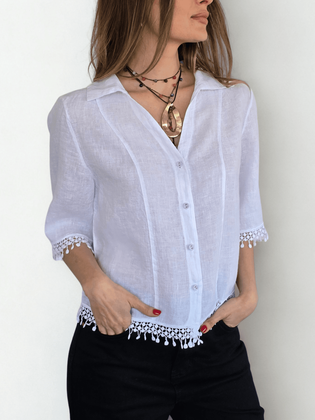 Blusa Italiana 100% Lino Bordada, color Blanco