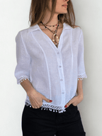 Blusa Italiana 100% Lino Bordada, color Blanco