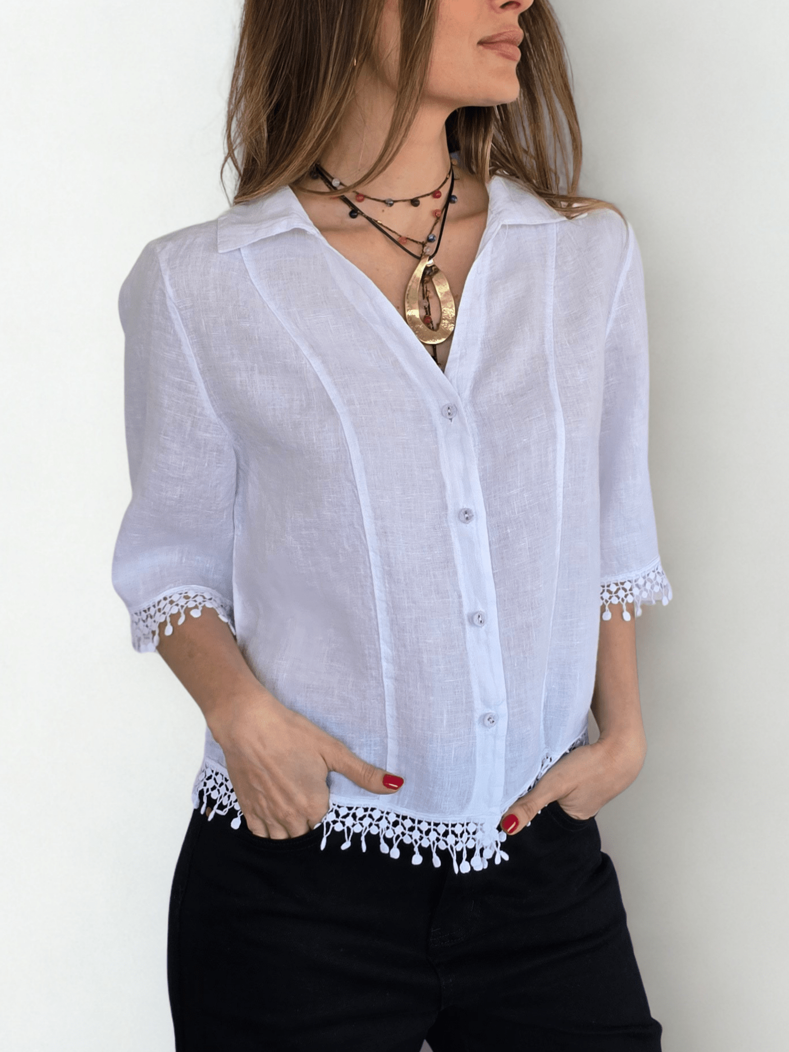 Blusa Italiana 100% Lino Bordada, color Blanco