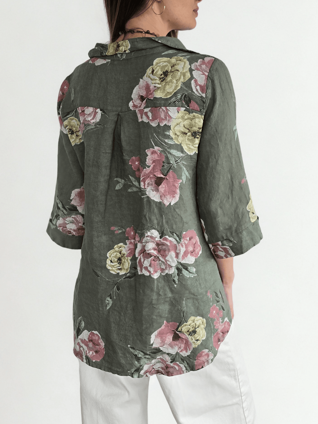 Blusa Italiana 100% Lino Estampada, fondo Verde