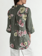 Blusa Italiana 100% Lino Estampada, fondo Verde