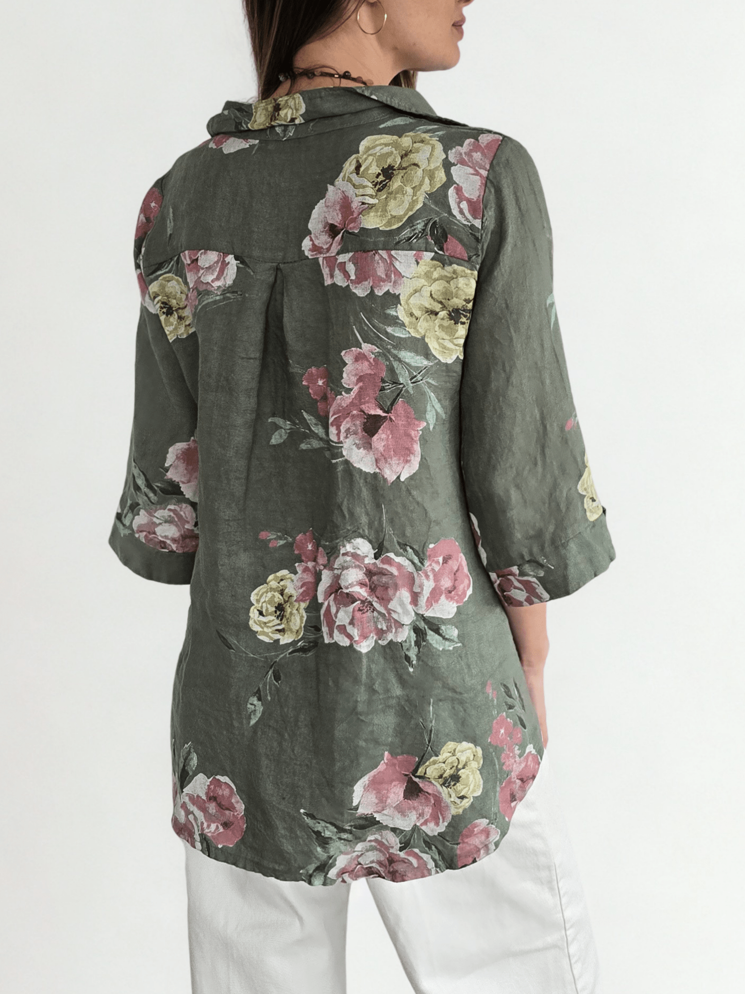 Blusa Italiana 100% Lino Estampada, fondo Verde
