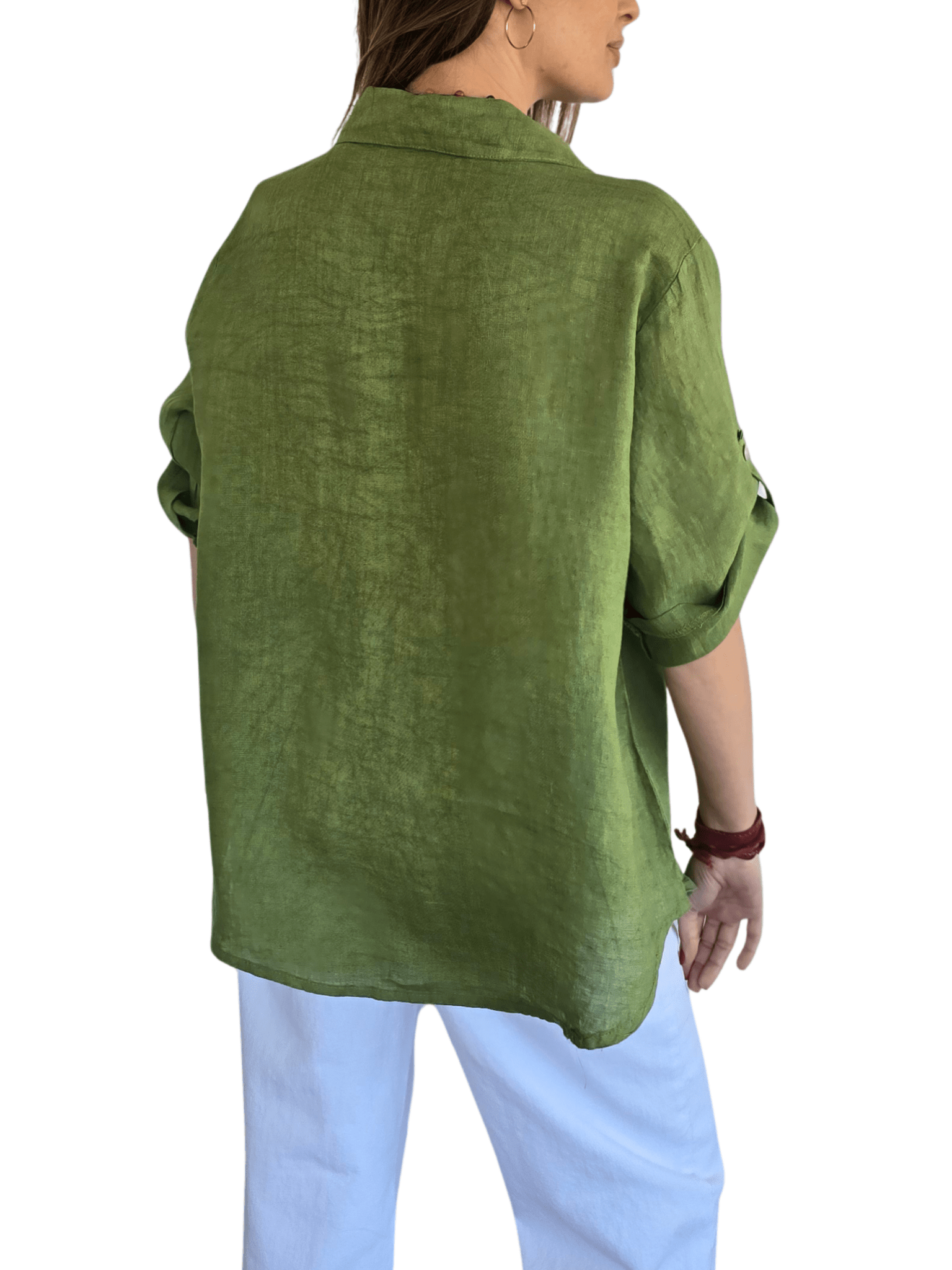 Blusa Italiana 100% Lino dos Bolsillos, color Pistacho
