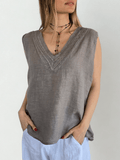 Blusa Italiana 100% Lino escote en V, color Taupe