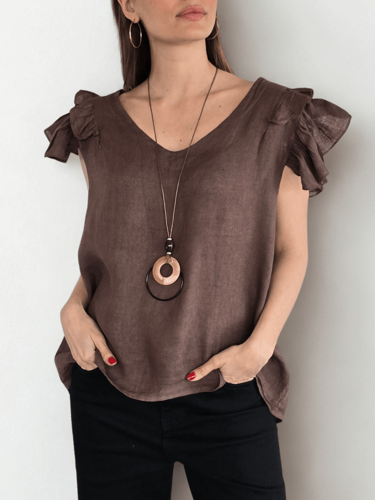 Blusa Italiana 100%Lino Mangas Irregulares, color Chocolate