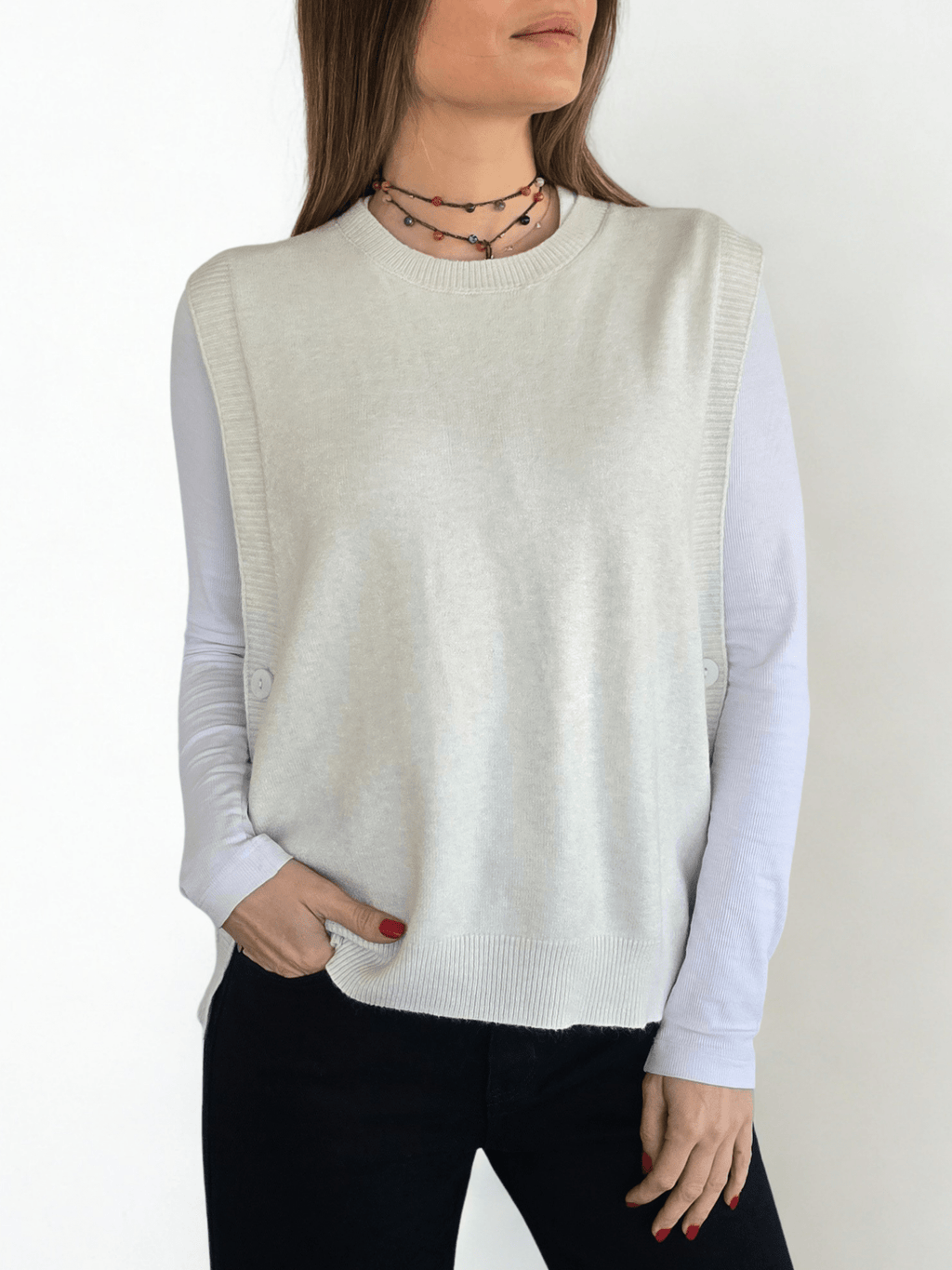 Sweater sin mangas Botones, color Blanco Invierno