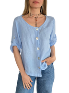 Blusa Italiana 100%Lino Botones, color Celeste