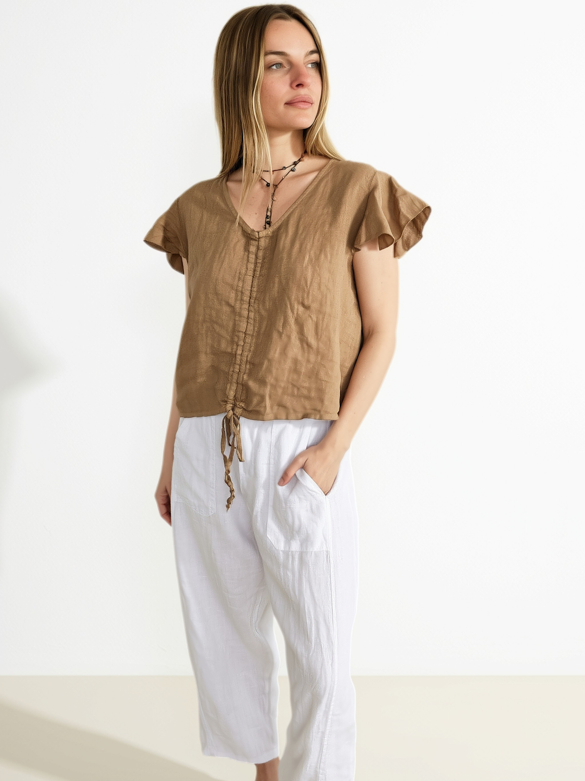 Blusa Italiana 100% Lino Tirita, color Camel