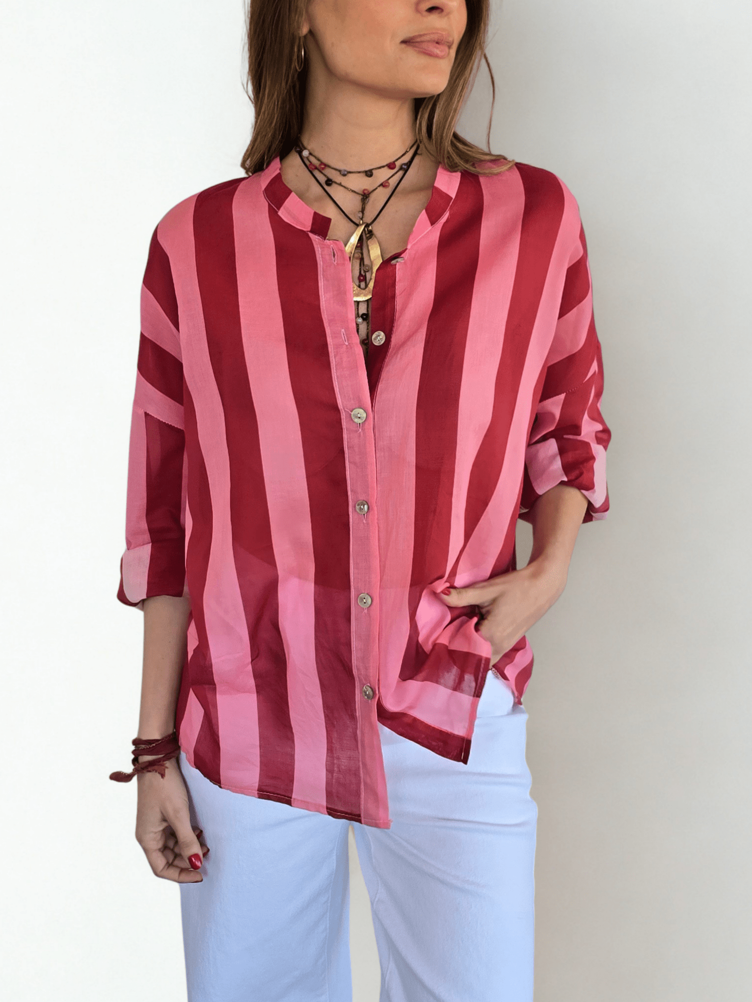 Blusa Italiana Rayada, color Guinda con Rosado