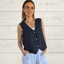 Cargar imagen en el visor de la galería, Blusa Gillette 100% Lino Italiano Rayas, fondo Azul Marino
