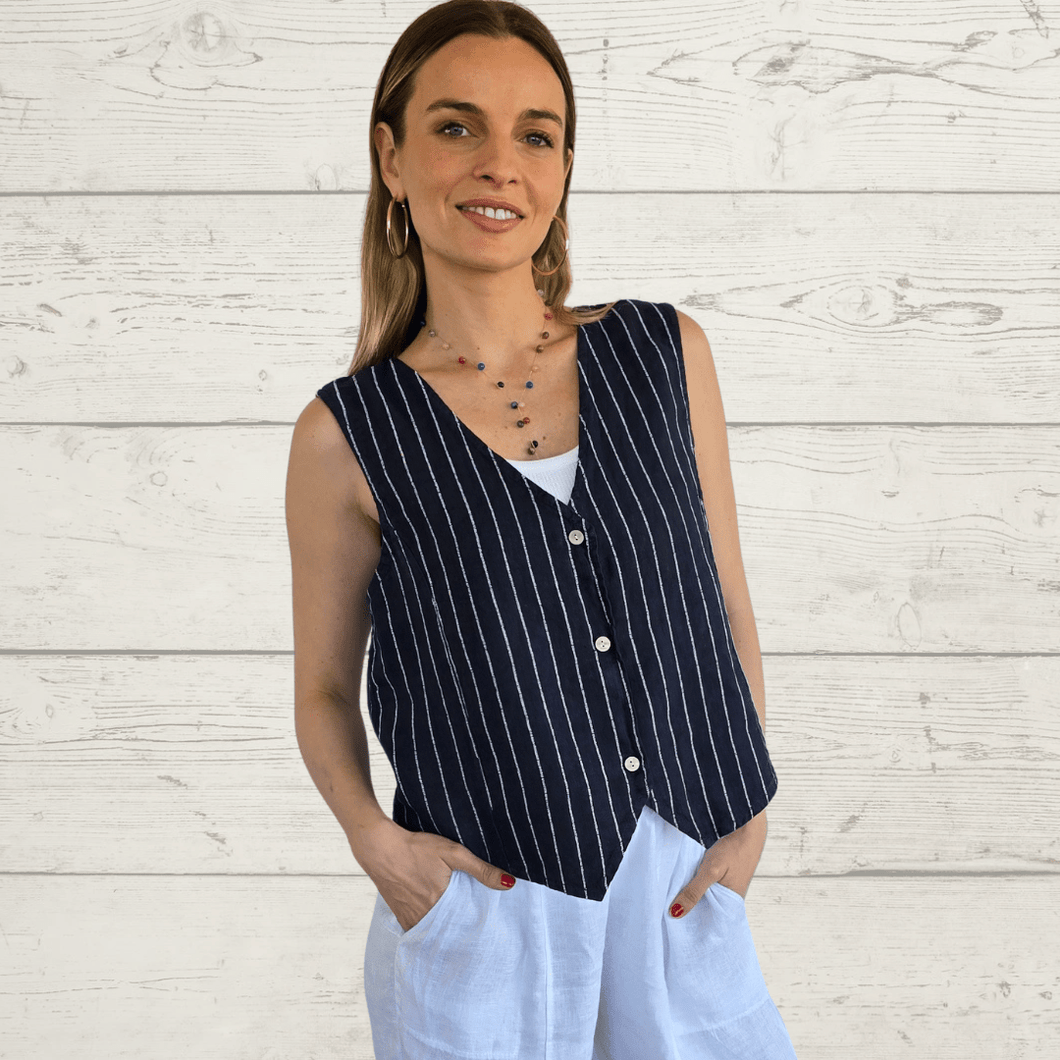 Blusa Gillette 100% Lino Italiano Rayas, fondo Azul Marino