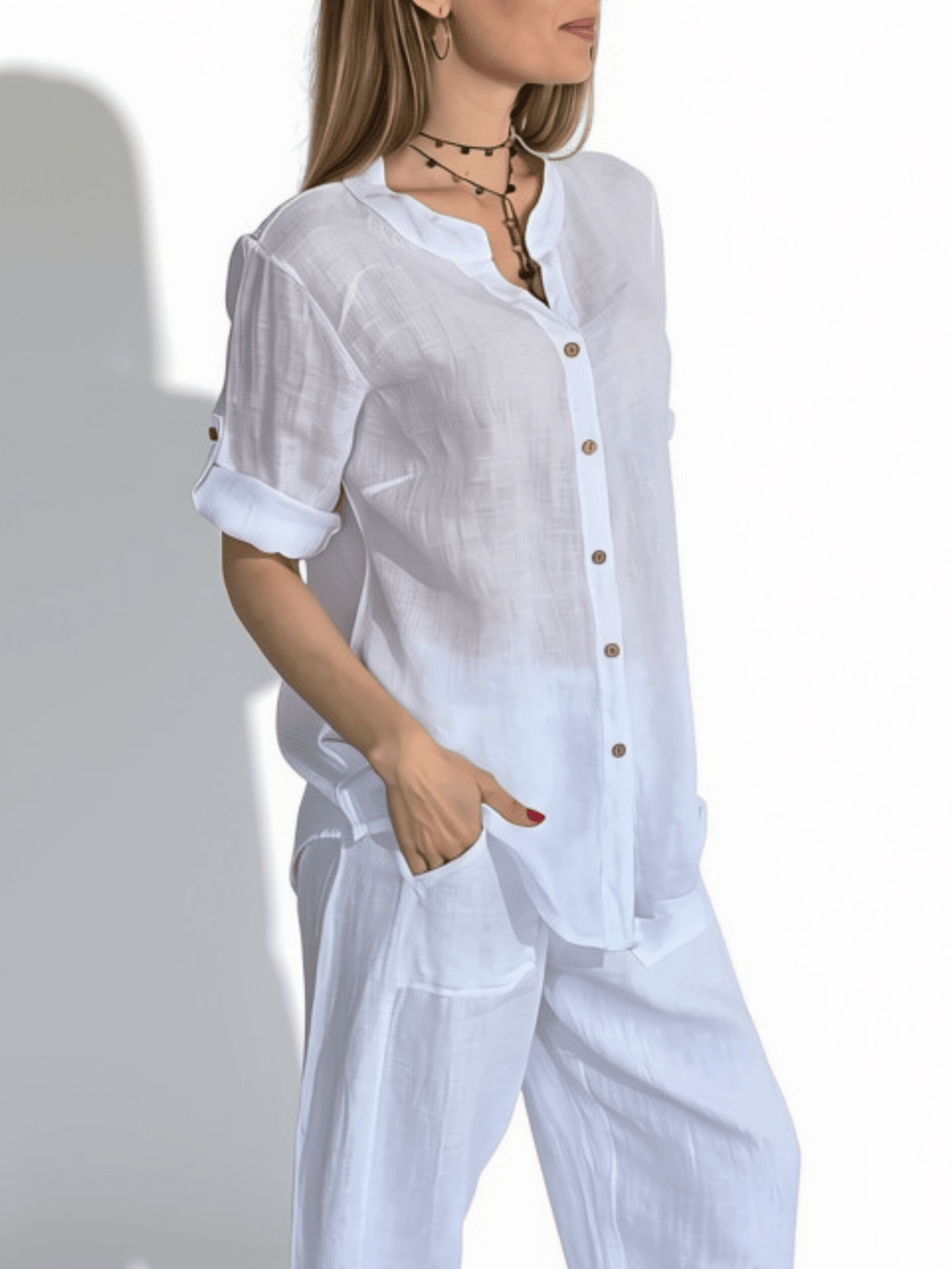Blusa Italiana Lino Canesú Bordado, color Blanco