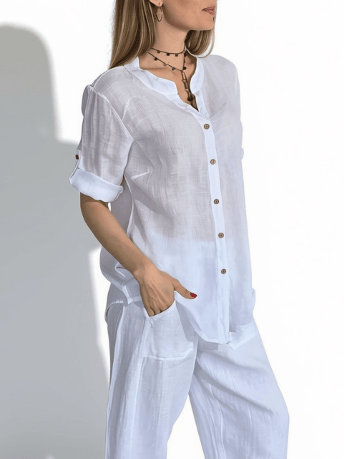 Blusa Italiana Lino Canesú Bordado, color Blanco