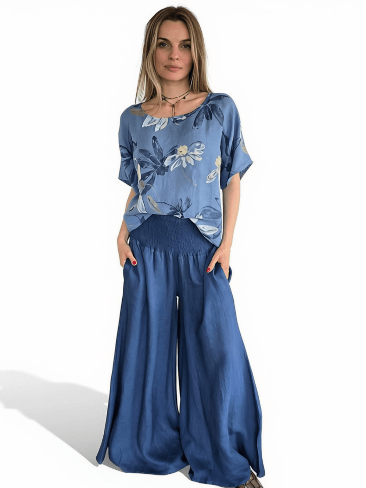 Pantalón Palazzo Italiano 100% Lino, color Azul