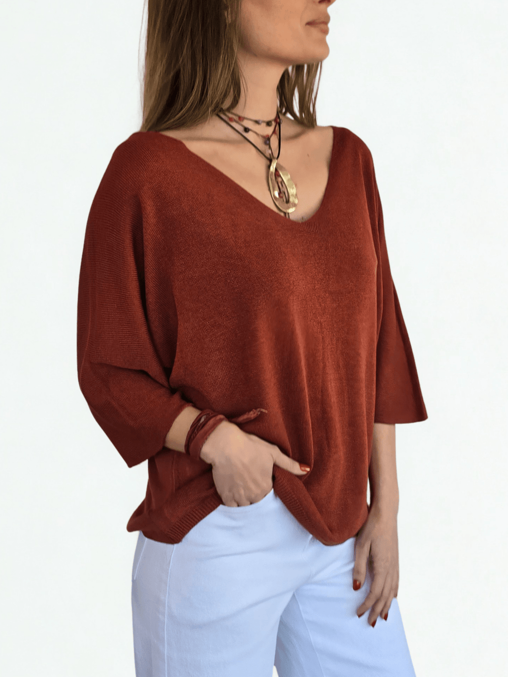 Sweater Italiano Manga 3/4, color Terracota