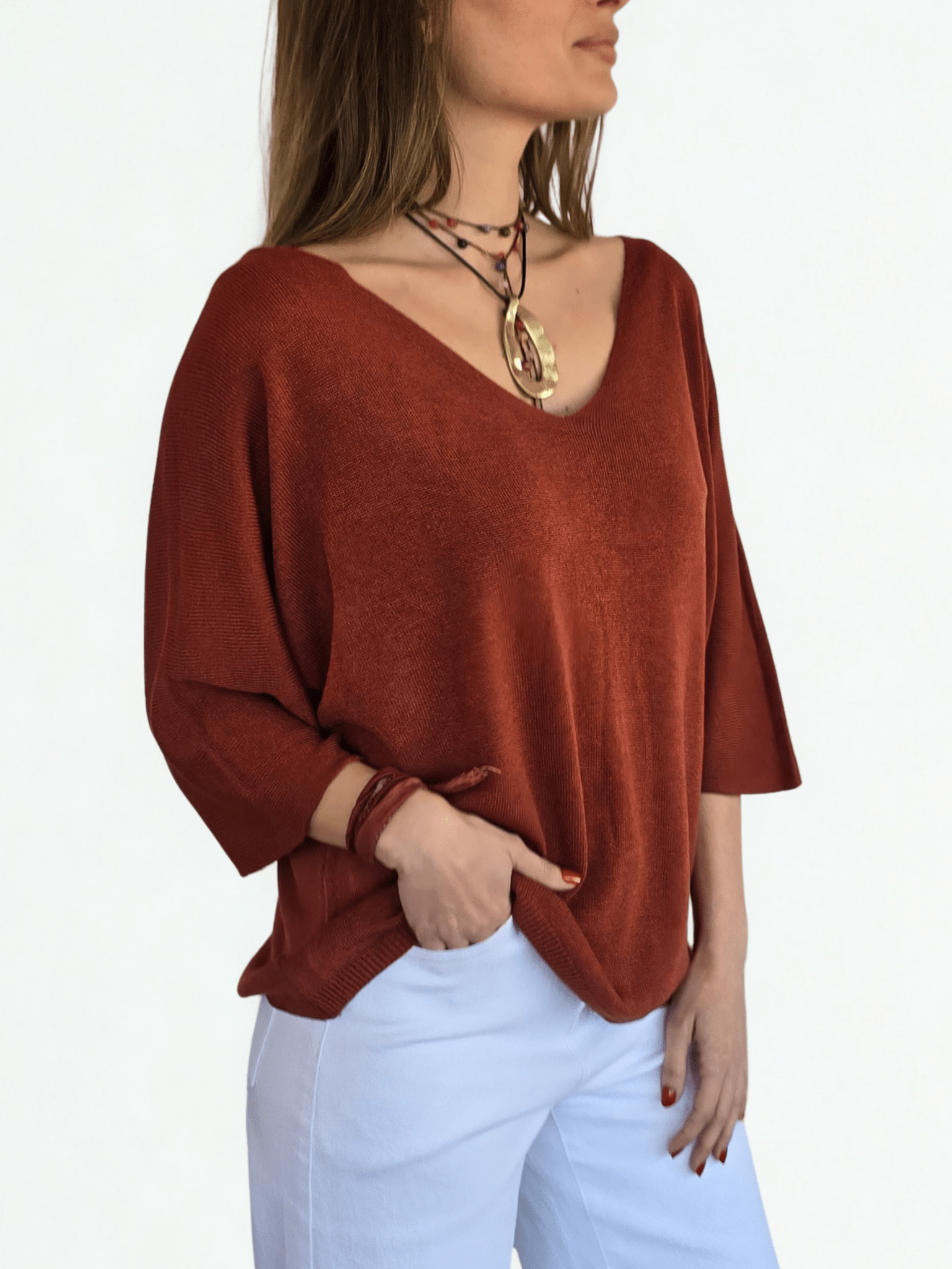 Sweater Italiano Manga 3/4, color Terracota