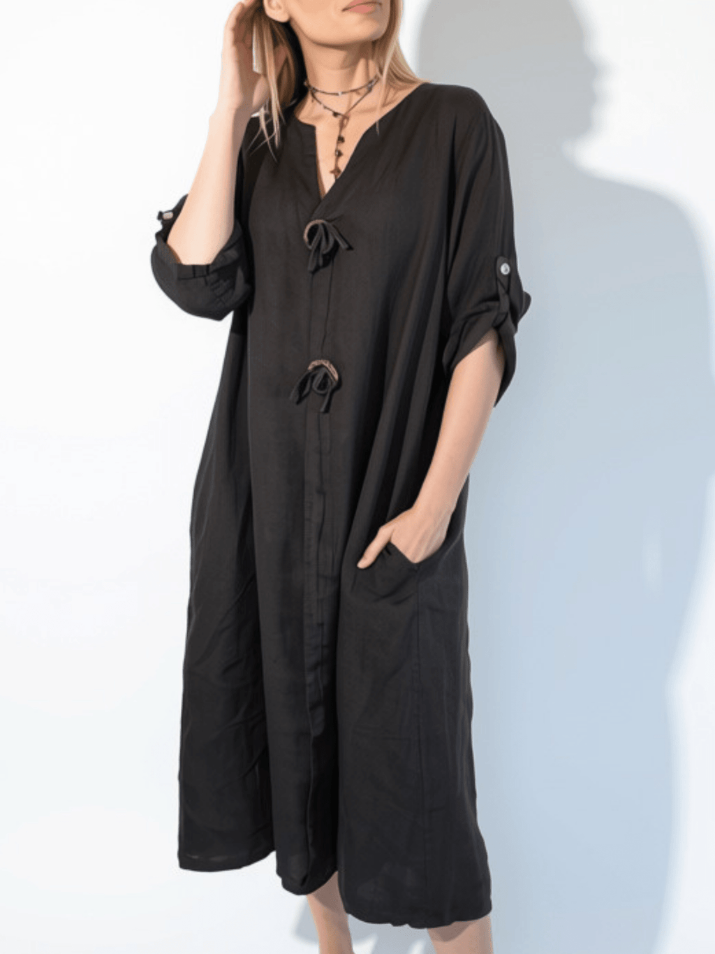 Vestido Italiano 100% Lino Botones, color Chocolate
