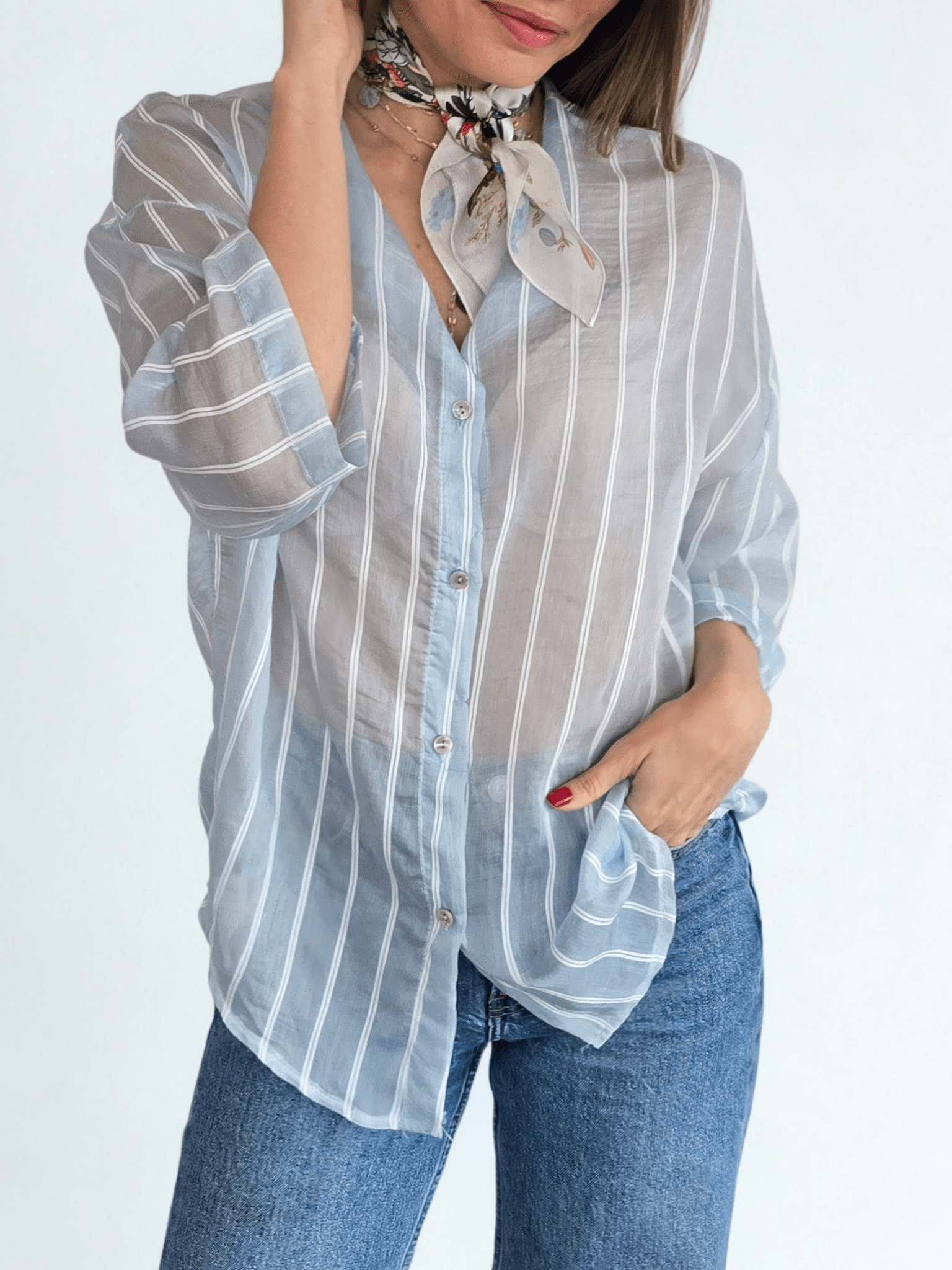 Blusa Italiana Rayada, fondo Celeste
