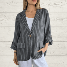 Cargar imagen en el visor de la galería, Chaqueta Blazer de Lino Italiano Rayado, fondo Gris
