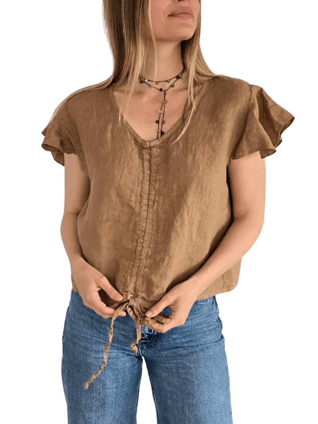 Blusa Italiana 100% Lino Tirita, color Camel