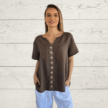 Cargar imagen en el visor de la galería, Blusa 100% Lino Italiano Bordada, color Chocolate
