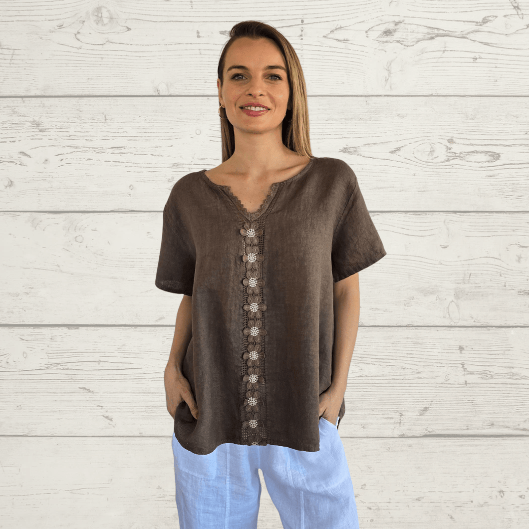 Blusa 100% Lino Italiano Bordada, color Chocolate