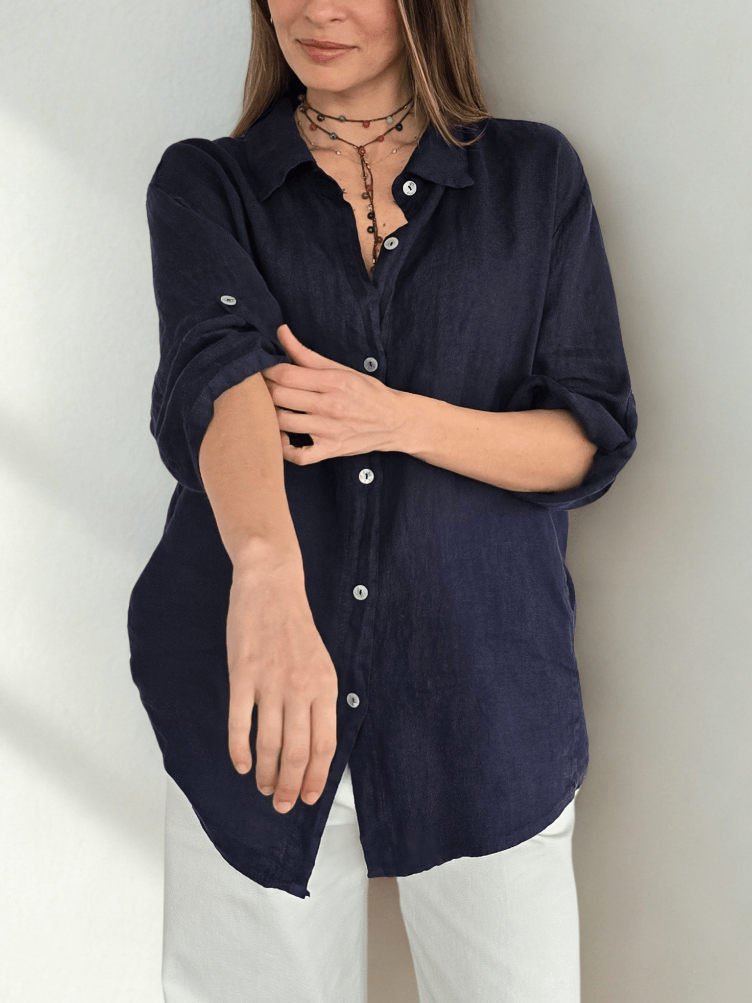 Blusa Italiana 100% lino Ancha, color Azul Marino