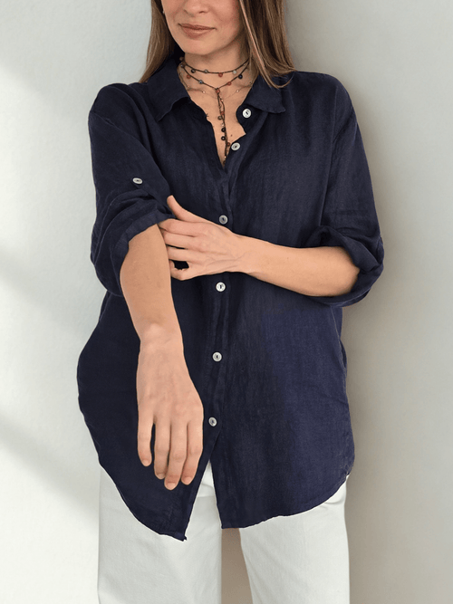 Blusa Italiana 100% lino Ancha, color Azul Marino