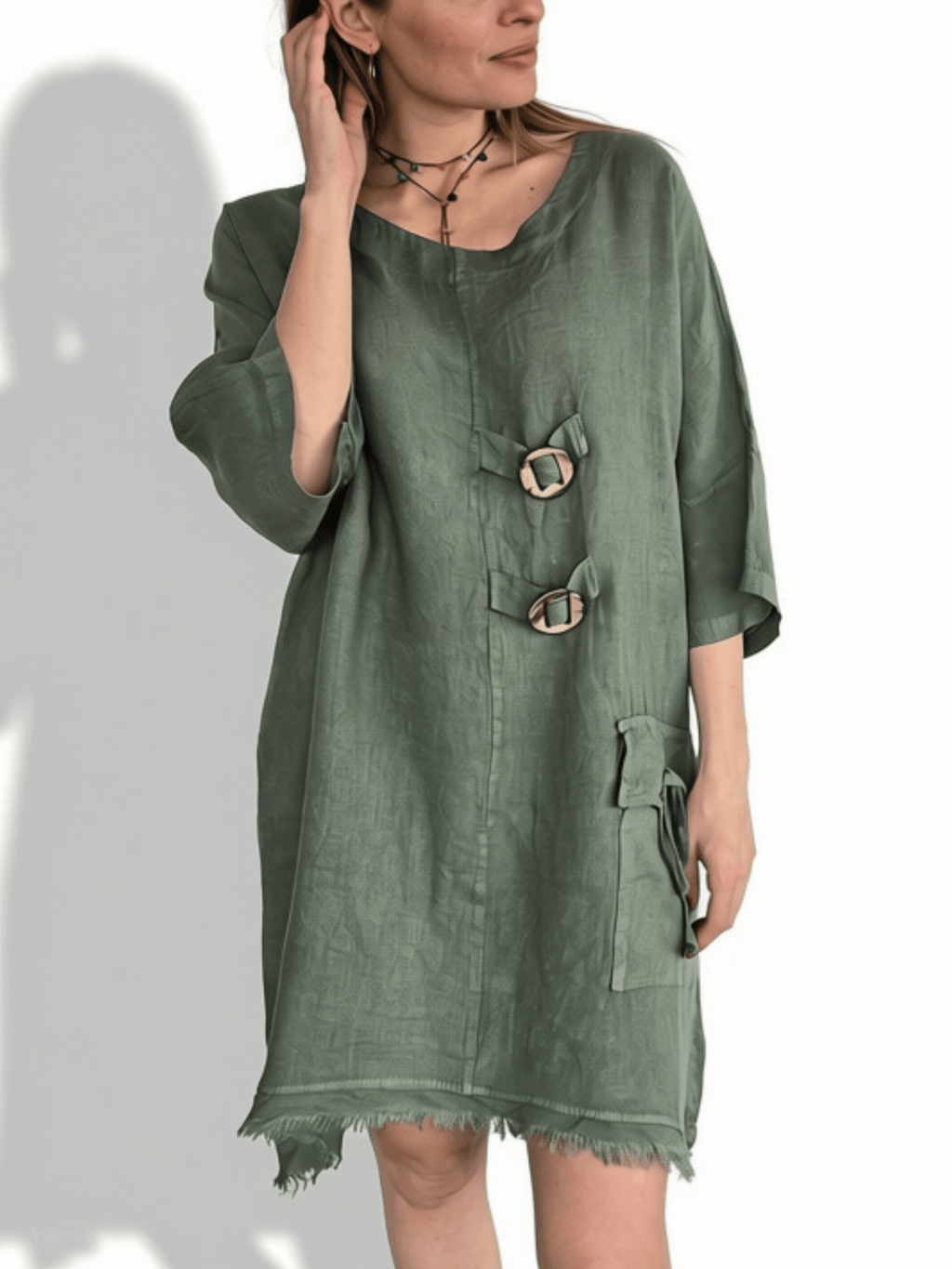 Vestido Italiano 100% Lino dos Botones, color Verde