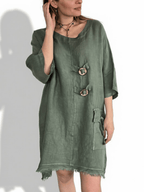 Vestido Italiano 100% Lino dos Botones, color Verde