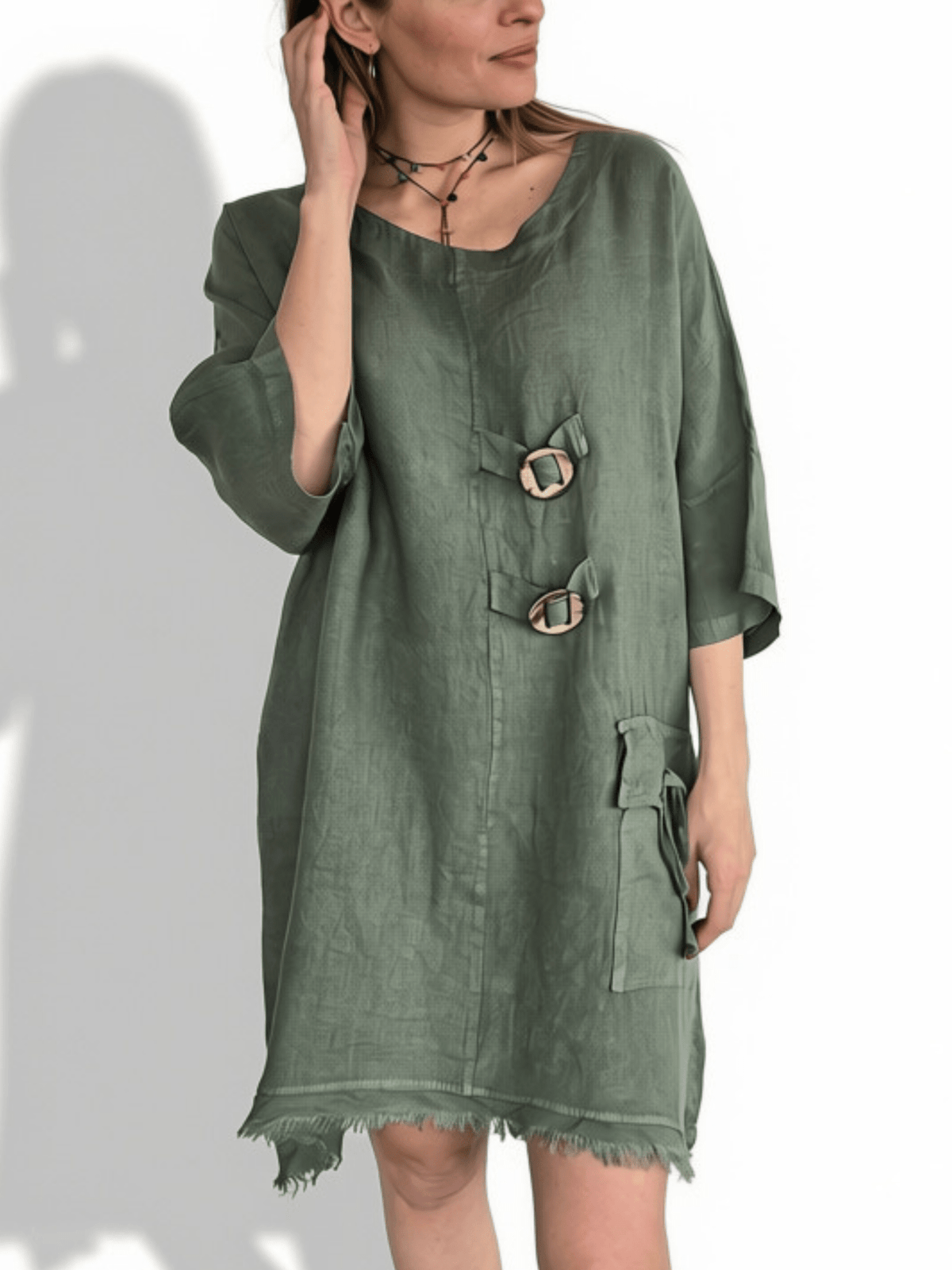 Vestido Italiano 100% Lino dos Botones, color Verde