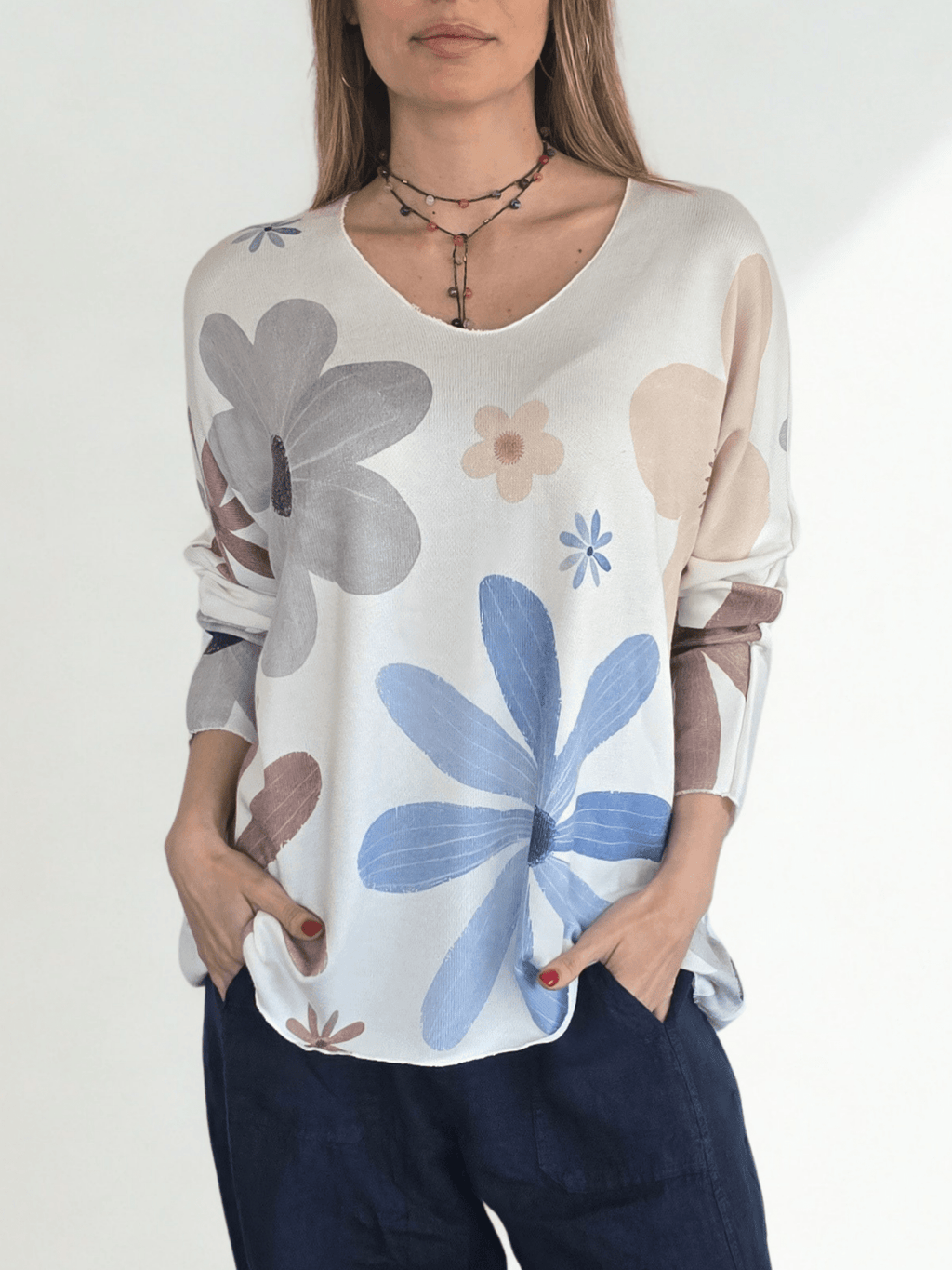 Sweater Italiano Estampado Flores, tonos Celestes