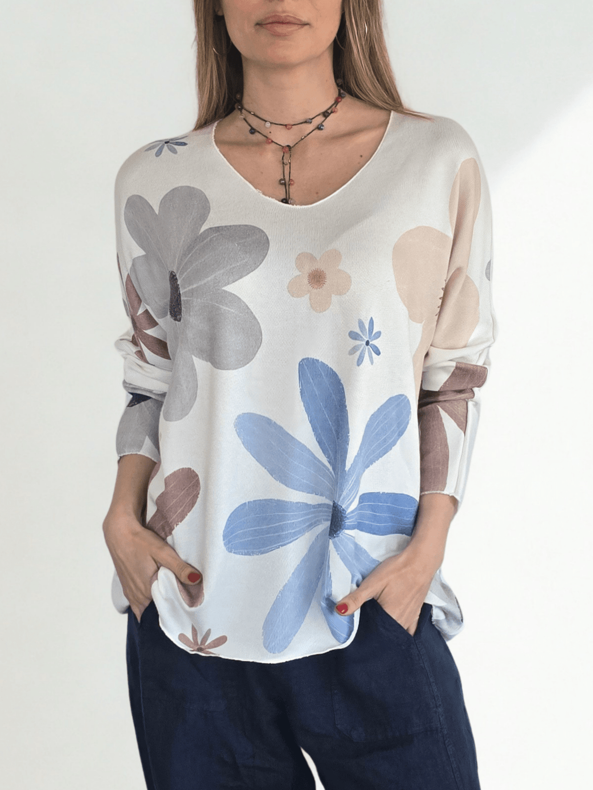 Sweater Italiano Estampado Flores, tonos Celestes