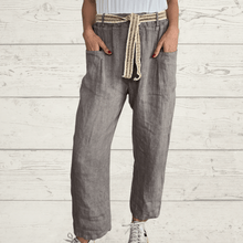 Cargar imagen en el visor de la galería, Pantalón 100% Lino Italiano lazo cintura, color Taupe
