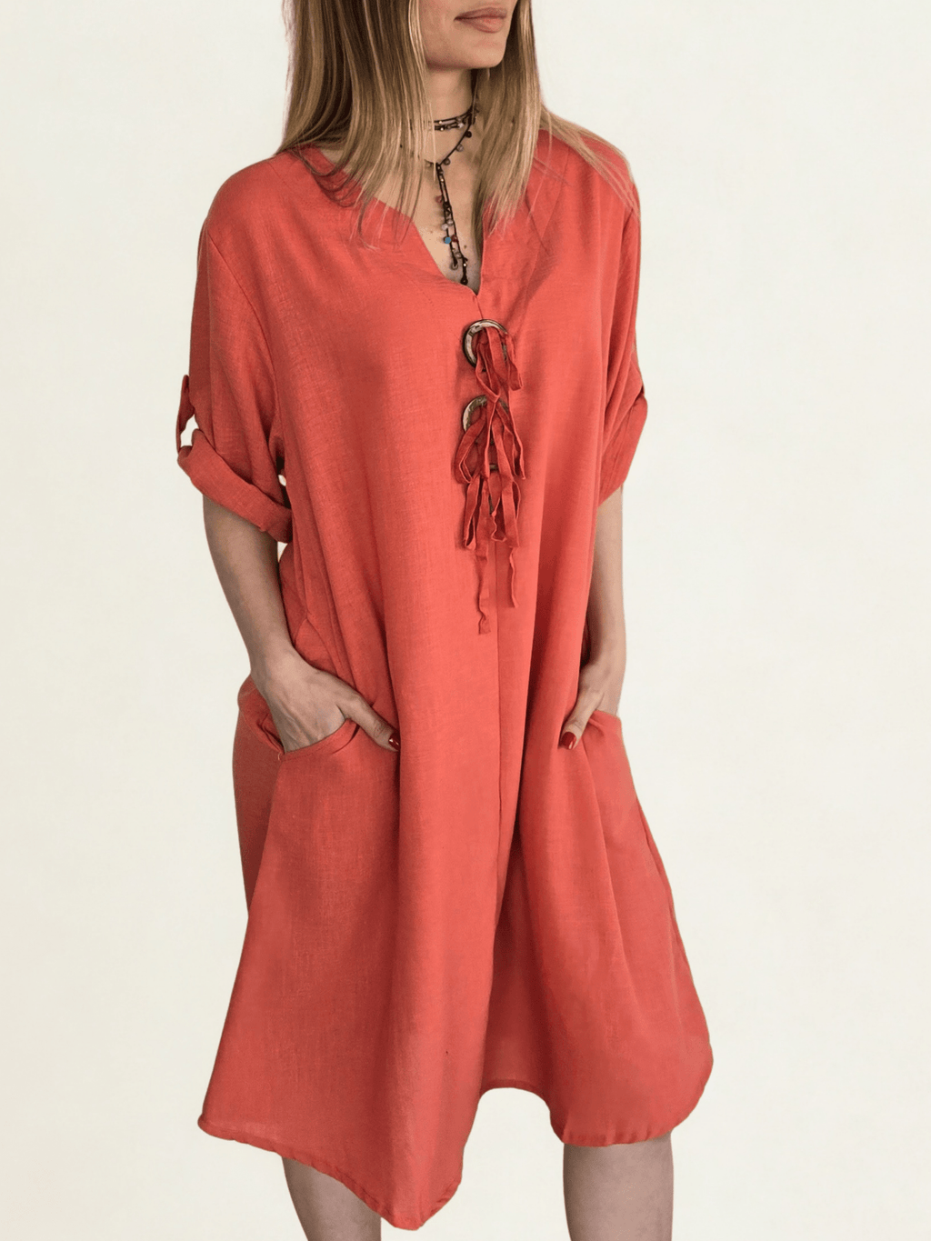 Vestido Tres Botones, color Terracota