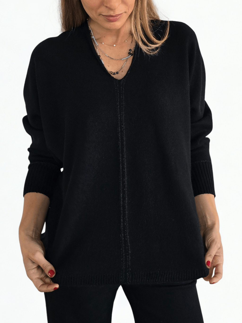Sweater escote en V con ribete, color Negro