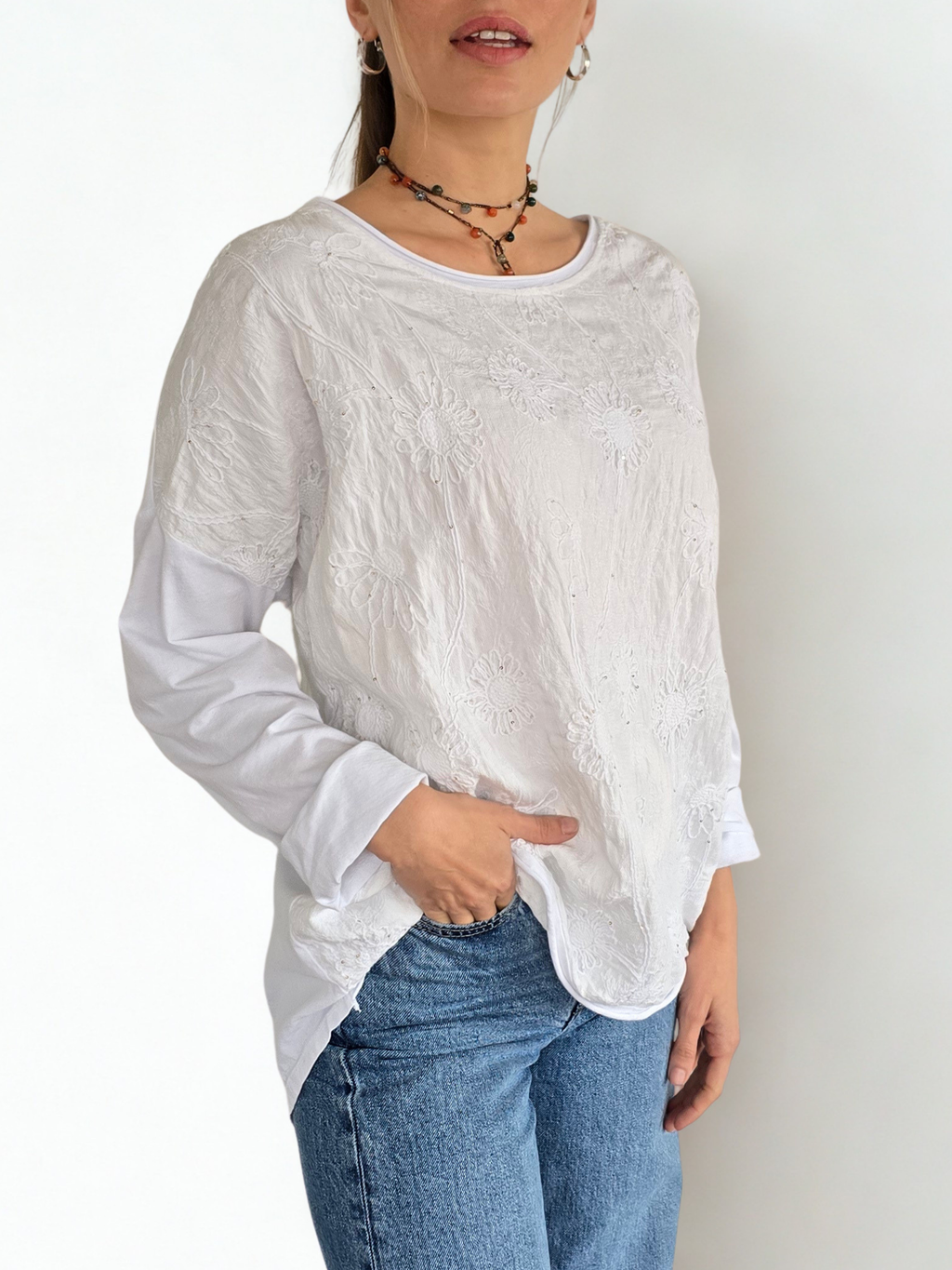 Blusa Italiana Bordada, color Blanco