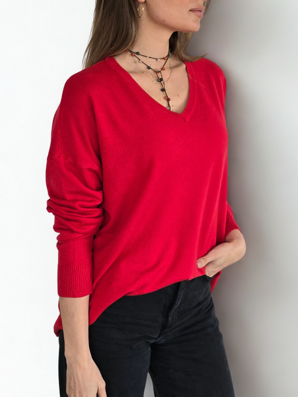 Sweater Escote en V, color Rojo
