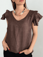 Blusa Italiana 100%Lino Mangas Irregulares, color Chocolate